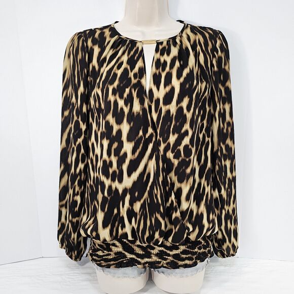 Michael Kors Leopard Print Gold Accent Blouson Top, Size Small - Picture 1 of 7